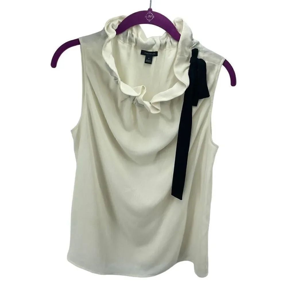 Ann Taylor Womens Drawstring Neckline Blouse Top Sleeveless Lined Cream XS